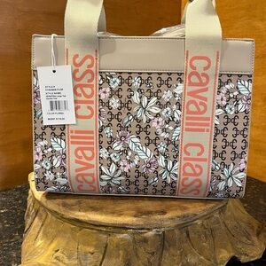 Cavalli Class Beige and Pink Floral Tote